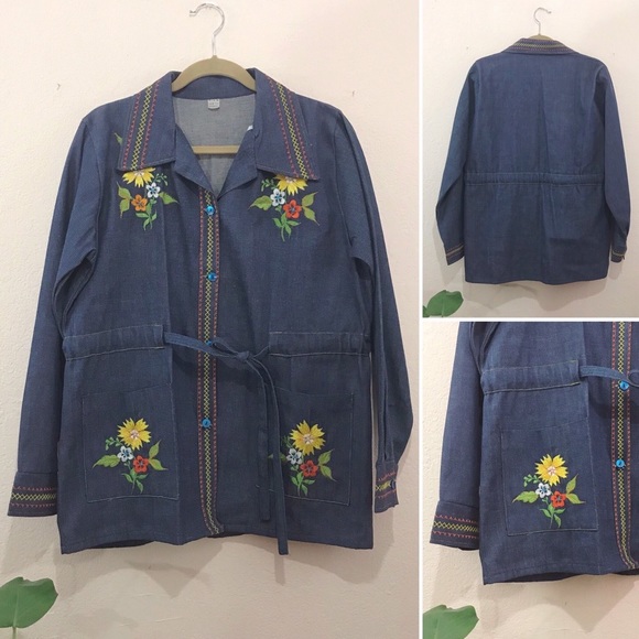 VINTAGE 70s Mexican Floral Embroidered Denim Coat - Picture 2 of 5